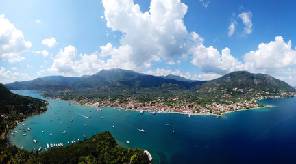 Aerial drone high resolution panoramic photo of famous port of Nydri a safe place for sail boats and yachts, Lefkada island, Ionian, Greece