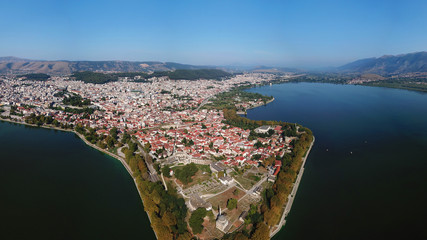 Aerial drone bird's eye view photo of iconic city and castle and mosque of Ioannina surounded by...