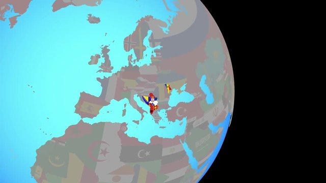 Zooming to CEFTA countries with national flags on simple political globe. 3D illustration.