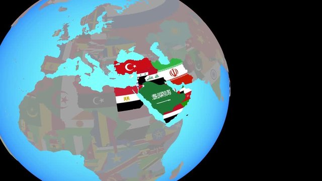 Zooming to Middle East with national flags on simple political globe. 3D illustration.
