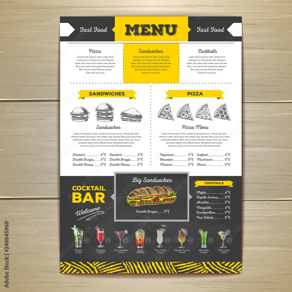 Wall mural Vintage chalk drawing fast food menu design. Sandwich sketch corporate identity