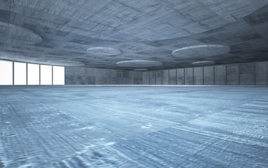 Abstract  concrete interior multilevel public space with window. 3D illustration and rendering.