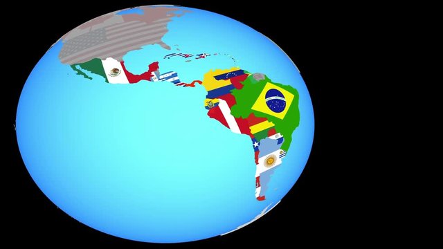 Zooming to Latin America with national flags on simple political globe. 3D illustration.