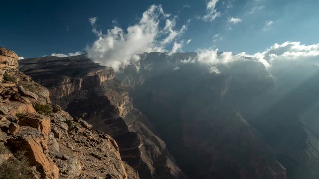 Landscape of Oman mountains, Arabian Peninsula. Time lapse of Jebel Shams mountains (Mountain of Sun) and gorge in Oman at sunrise