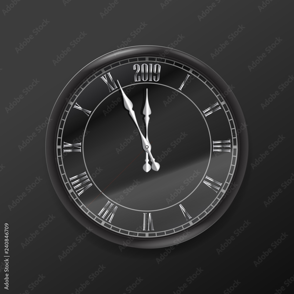 Poster round black classic wall clock with 2019 digits on clock face. new year vector concept
