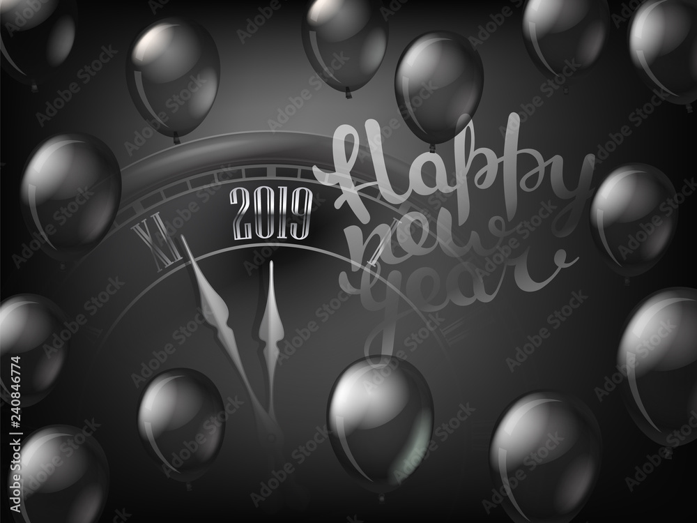 Poster happy new year greeting card. black classic clock with 2019 digits on clock face