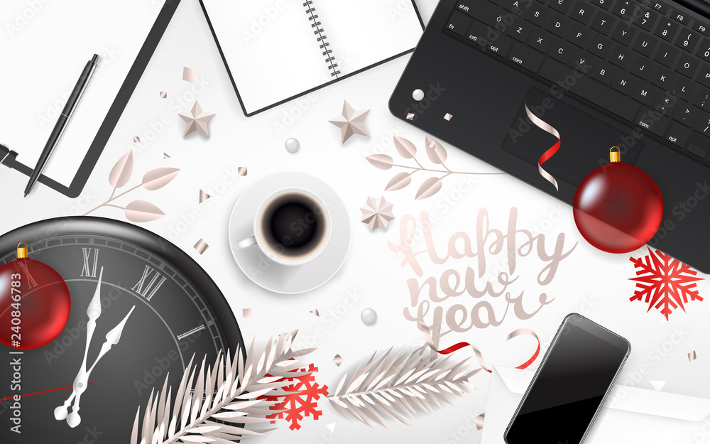 Aufkleber Office objects with Christmas accessory. Different business stuff on red table