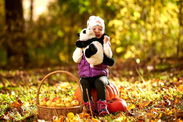 Happy girl in autumn park with soft panda, apples and pumpkins
