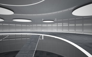 Abstract white and concrete interior multilevel public space with neon lighting. 3D illustration and rendering.