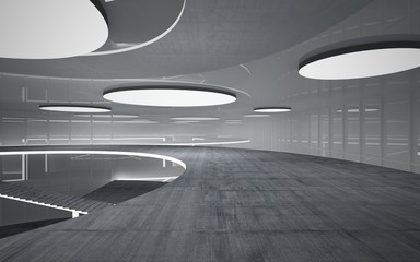 Abstract white and concrete interior multilevel public space with neon lighting. 3D illustration and rendering.