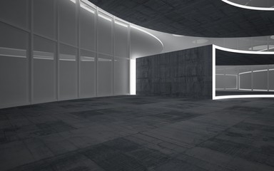 Abstract white and concrete interior multilevel public space with neon lighting. 3D illustration and rendering.