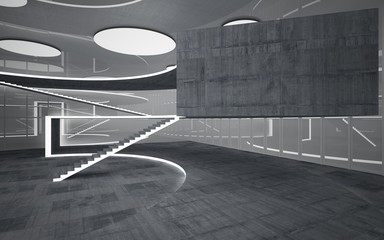 Abstract white and concrete interior multilevel public space with neon lighting. 3D illustration and rendering.
