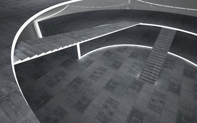 Abstract white and concrete interior multilevel public space with neon lighting. 3D illustration and rendering.