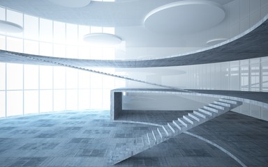 Obraz premium Abstract white and concrete interior multilevel public space with window. 3D illustration and rendering.
