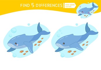 Find differences.  Educational game for children. Cartoon vector illustration of whale.