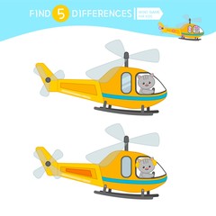 Find differences.  Educational game for children. Cartoon vector illustration of cute cat on a helicopter.