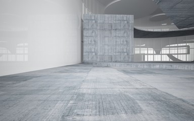 Abstract white and concrete interior multilevel public space with window. 3D illustration and rendering.