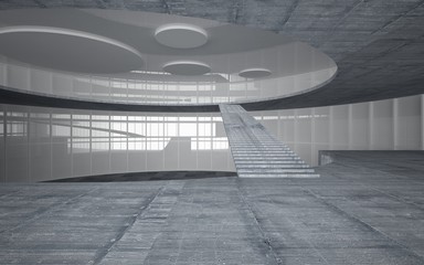 Abstract white and concrete interior multilevel public space with window. 3D illustration and rendering.