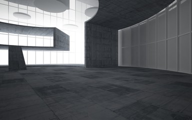 Abstract white and concrete interior multilevel public space with window. 3D illustration and rendering.