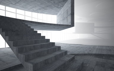 Abstract white and concrete interior multilevel public space with window. 3D illustration and rendering.