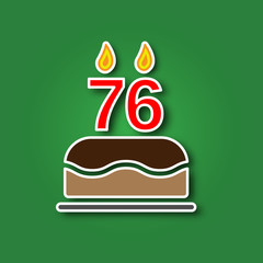 Birthday cake with a candle in the form of a number 76, in the form of a sticker with a shadow icon. Happy Birthday concept symbol design. Stock - Vector illustration can be used for web.