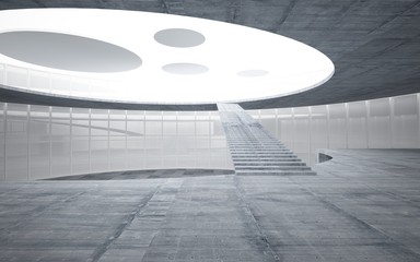 Abstract white and concrete interior multilevel public space with window. 3D illustration and rendering.