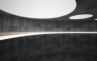 Obraz premium Abstract concrete and wood interior multilevel public space with neon lighting. 3D illustration and rendering.