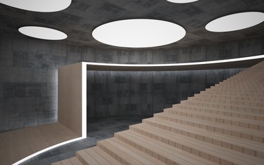 Abstract  concrete and wood interior multilevel public space with neon lighting. 3D illustration and rendering.