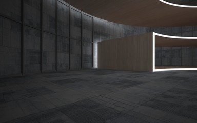 Abstract  concrete and wood interior multilevel public space with neon lighting. 3D illustration and rendering.