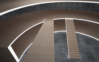 Abstract  concrete and wood interior multilevel public space with neon lighting. 3D illustration and rendering.