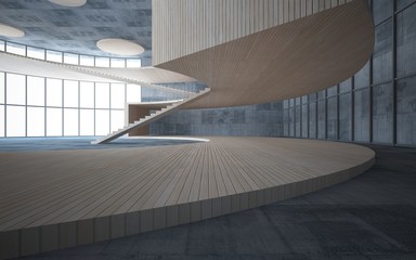 Abstract  concrete and wood interior multilevel public space with window. 3D illustration and rendering.