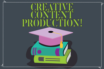 Writing note showing Creative Content Production. Business photo showcasing Developing and creating visual or written assets Color Graduation Hat with Tassel 3D Academic cap on Books