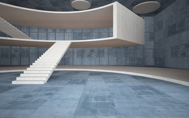 Abstract  concrete and wood interior multilevel public space with window. 3D illustration and rendering.