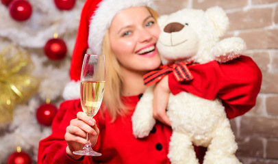 delivery xmas gifts. New year party. Merry christmas and happy new year. Smiling woman celebrating christmas. happy girl in santa claus hat. Christmas composition. Christmas tree decoration