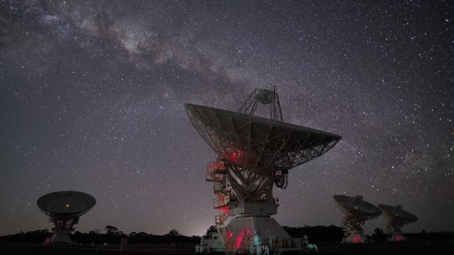Radio Telescopes Moving in Sync While the Milky Way Creating Beautiful Trails in the Sky