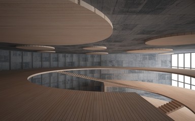 Obraz premium Abstract concrete and wood interior multilevel public space with window. 3D illustration and rendering.
