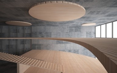 Abstract  concrete and wood interior multilevel public space with window. 3D illustration and rendering.