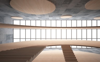 Obraz premium Abstract concrete and wood interior multilevel public space with window. 3D illustration and rendering.