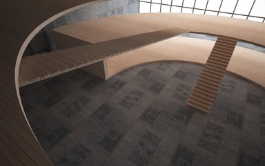 Obraz premium Abstract concrete and wood interior multilevel public space with window. 3D illustration and rendering.