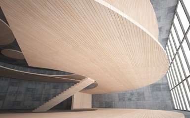 Obraz premium Abstract concrete and wood interior multilevel public space with window. 3D illustration and rendering.