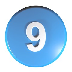 Number 9 blue circle push button - 3D rendering illustration
