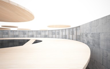 Abstract  concrete and wood interior multilevel public space with window. 3D illustration and rendering.