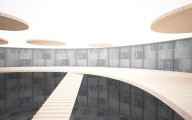 Abstract  concrete and wood interior multilevel public space with window. 3D illustration and rendering.