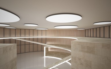 Abstract  concrete and wood interior multilevel public space with neon lighting. 3D illustration and rendering.