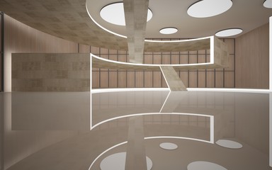 Abstract  concrete and wood interior multilevel public space with neon lighting. 3D illustration and rendering.