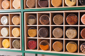 Close view of dry spices and peppers at shop