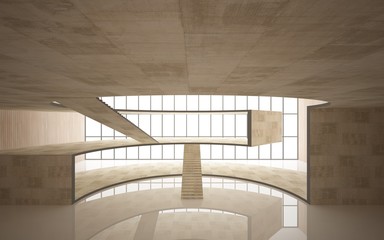 Obraz premium Abstract concrete and wood interior multilevel public space with window. 3D illustration and rendering.