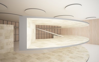 Abstract  concrete and wood interior multilevel public space with window. 3D illustration and rendering.