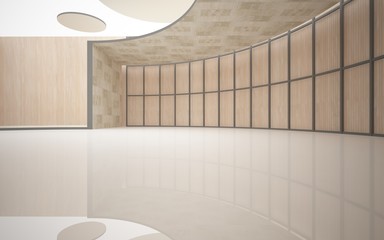 Abstract  concrete and wood interior multilevel public space with window. 3D illustration and rendering.