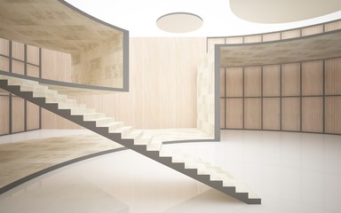 Abstract  concrete and wood interior multilevel public space with window. 3D illustration and rendering.